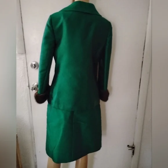 Vintage 50's 60's Emerald Green Raw Silk Suit Mink Cuffs Marissa California New? - Picture 4 of 11
